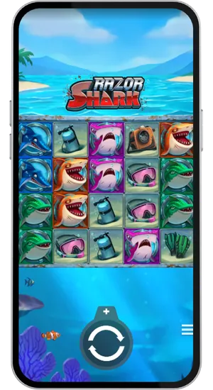 Razor Shark base game reels displaying a mix of high and low value symbols across 5 reels
