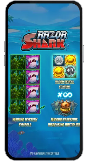 Casino slot library with search bar showing Razor Shark loaded in real-money mode