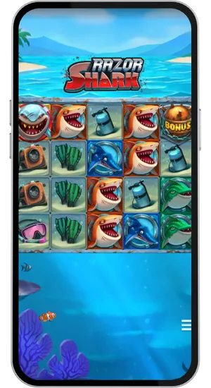 Razor Shark slot interface with bet controls starting from £0.10 and the spin button